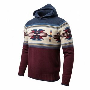 American Eagle Mens Geometric Aztec Print Hoodie Sweatshirt Burgundy Blue Large